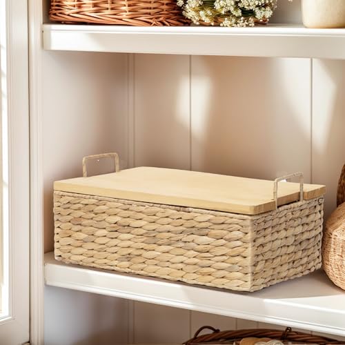 Water Hyacinth Wicker Storage Baskets with Wooden Lid (Large) - size: Large (Single)