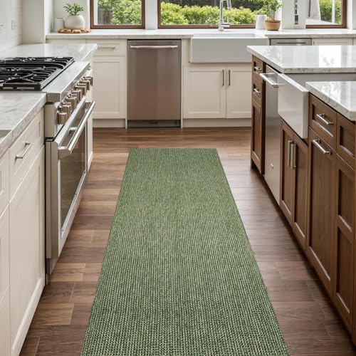 Uphome Kitchen Runner Rug, 2'6x8 Washable Boho Rug Runners for Hallways Non Slip, Low Pile Woven Cotton Modern Carpet Runners, Stain Resistant Bedroom Runner Rug for Hallway Entryway Entrance, Green - color: Green, size: 2'6" x 8' (Rectangular)