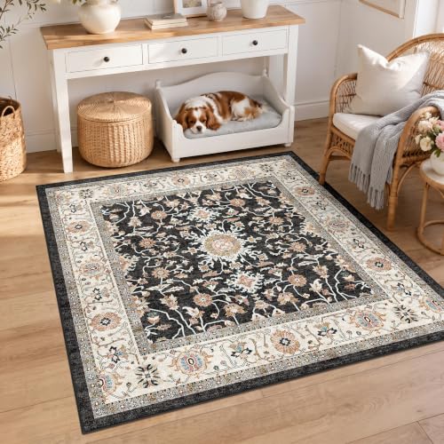 TOPRUUG Square Entryway 4x4 Rug: Non Slip Machine Washable Indoor Carpet for Entry Kitchen Bedroom - Throw Small 4 Foot Wide Rug - Ultra Thin Soft Mat for Living Room Boho Home Decor 4ft Square Black - color: Black, size: 4' x 4' (Square)