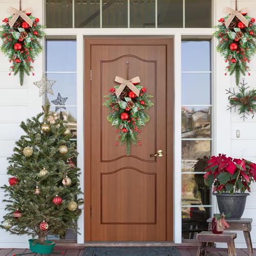 24" Christmas Wreaths for Front Door 2 PCS Christmas Teardrop Swag Winter Wreath with Red Ball Red Berry Pine Needles for Indoor Outdoor Farmhouse Home Wall Window Festival Wedding Decor - size: Medium Christmas Swag