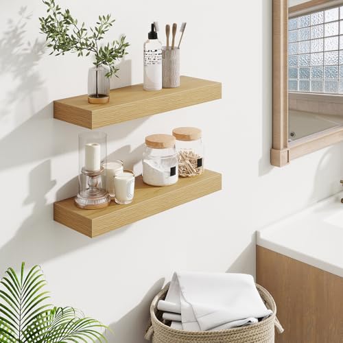 Fun Memories Floating Shelves Bathroom for Wall Mounted Shelves, 20 Inch Wood Shelf Set of 2, Home Storage & Display Decor, Oak - color: Oak, size: 20"