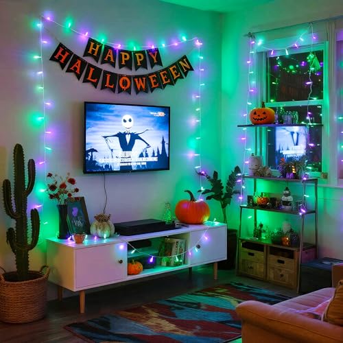 JMEXSUSS 2 Pack Purple and Green Halloween Lights, Total 200 LED 8 Modes Halloween String Lights Plug in, Each 33ft Connectable Christmas Lights Indoor Outdoor for Tree Porch Fireplace Decor - color: Purple Green, size: 200 LED