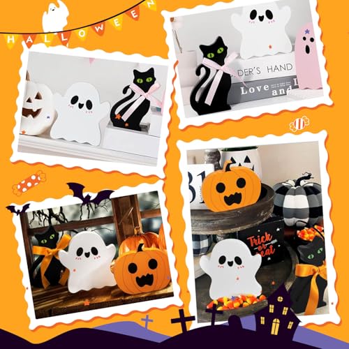 Wooden Halloween Decorations Set - Cute Ghost, Pumpkin & Black Cat Blocks Signs for Indoor Outdoor Holiday Home Decor, Mantel, Tabletop Centerpiece, Spooky Gift (Set of 3)