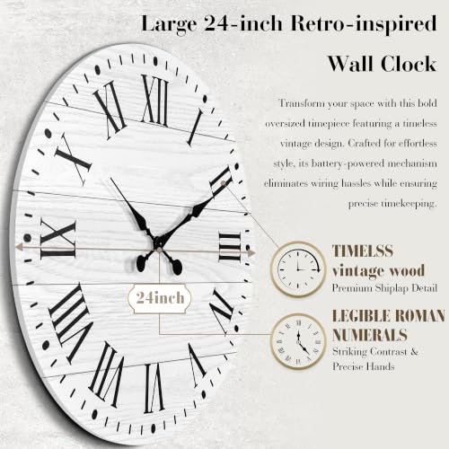Large Wall Clock with Roman Numeral, 24” Shiplap Farmhouse Clock - color: White, size: 24 Inch