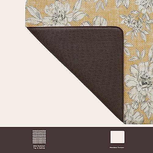 Laura Ashley - Anti-Fatigue Kitchen Mat, Iris Floral Design, Stain, Water & Fade Resistant, Cooking & Standing Relief, Non-Slip Backing, 2 Piece Set, Tawny Yellow - color: Tawny Yellow, size: 48"L x 17.5"W / 28"L x 17.5"W