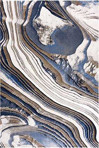Abani 4’ x 6’ Modern Topography Design Blue Washable, Grey & Gold Area Rug Rugs Modern Pattern Dining Room Rug