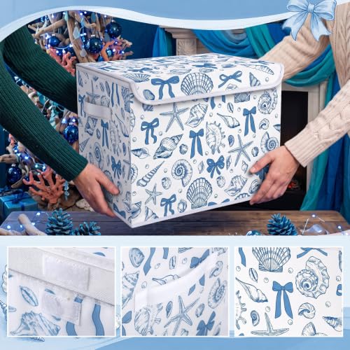 Briwooody Beach Storage Bin with Lid and Carrying Handle Coastal Blue Bow Seashell Foldable Storage Box Summer Bachelorette Party Decorative Collapsible Container Basket for Closet Home Bedroom Gift - style: Blue Bow Seashell