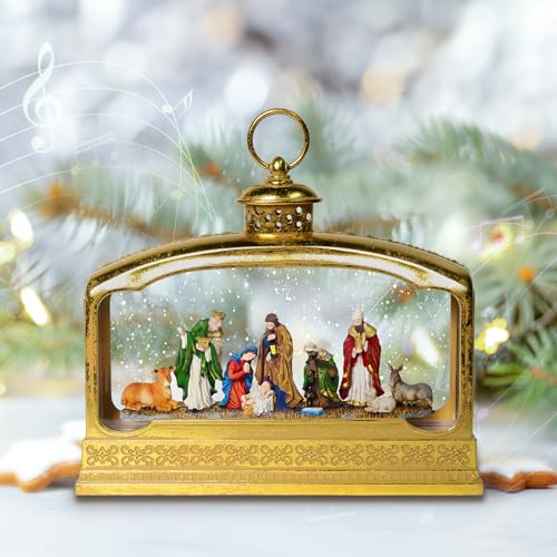 Premium Nativity Christmas Lantern, 11.5" Lighted Snow Globe with Mary Joseph Baby Jesus Scene, Musical Water Lantern with 8 Songs, 6H Timer, USB & Battery Powered, Religious Holiday Decor Gift - color: Gold 31