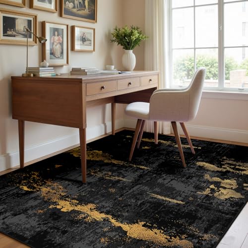 RELEANY Washable 3'x5' Abstract Area Rug for Living Room Black Gold - color: Black/Gold, size: 3' x 5' (Rectangular)