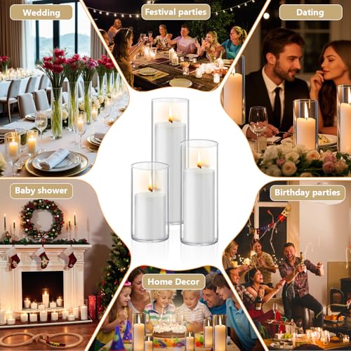 Homjoy 12 PCS White Pillar Candles with Glass Candle Holders Clear Hurricane Candle Holders Glass Cylinder Vases for Centerpieces Wedding Party, Event, Home Office (6 Candles+6 Candle Hoders) - style: 12 PCS White