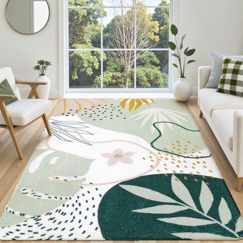 Lahome Green Machine Washable Large Rug - 8 x 10 Area Rugs for Living Room Non-Slip Lightweight Throw Boho Rugs, Soft Botanical Print Indoor Floor Carpet for Bedroom Office Dining Room Classroom - color: Green, size: 8' x 10' (Rectangular)