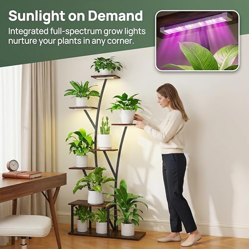 Quikraen 7 Tier Tall Plant Stand with Grow Light For Indoor Plants Growing 60in Indoor Flower Stand Tree-Shaped Plant Shelves for Living Room Patio Black - color: Black-60"