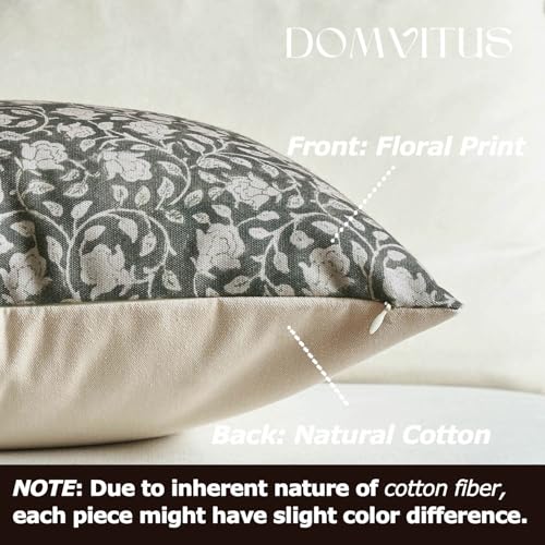 DOMVITUS Floral Pillow Covers 18x18, Throw Pillows for Couch, Block Print Pillow Cover, Decorative Neutral Accent Throw Pillow Covers for Living Room, 1PC, Greyish Green - color: Greyish Green, size: 18" x 18" (Pack of 1)