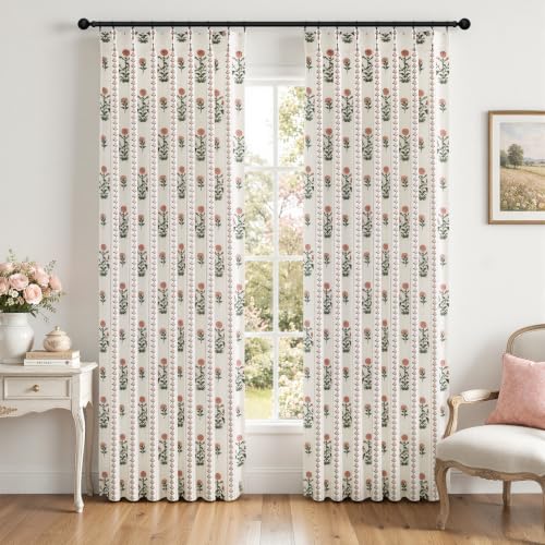 Floral Pinch Pleated Linen Curtains,Pink & White,40" W x 84" L - color: Pink and White, size: 40"W x 84"L (Pack of 2)