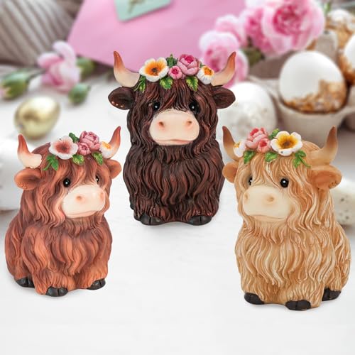 nuvagiki Highland Cow Decor Set of 3, Spring Farmhouse Highland Cow Figurines with Flower Crown, Cow Tiered Tray Decorations for Home Kitchen Table, Rustic Country Shelf Decor, Cow Gifts for Women