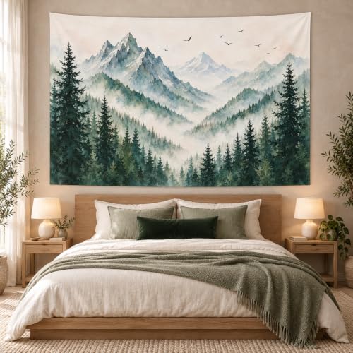 Delur Misty Forest Mountain Tapestry Sage Green Nature Pine Tree Tapestries Watercolor Foggy Woodlands Birds Landscape Headboard for Bedroom Living Room Home Decor (59.1" x 78.7") - color: Misty Sage Mountain, size: 59.1"L x 78.7"W