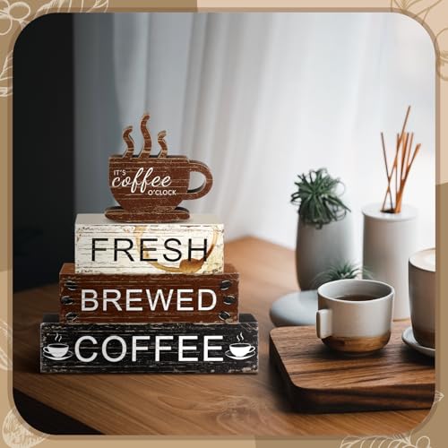 Geelin 4 Pcs Coffee Bar Decor Wooden Table Coffee Signs Blocks - style: Coffee