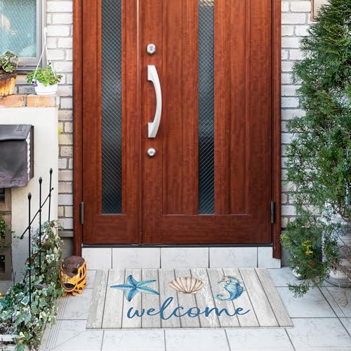 Jvpke Beach Welcome Mat for Front Door, White Beach Door Mat, Starfish Seashell Seahorse Beachy Door Mats Indoor Outdoor Entrance Porch, Ocean Beachy Baths Mats for Bathroom, 17x30 Inches - color: White Beach Welcome