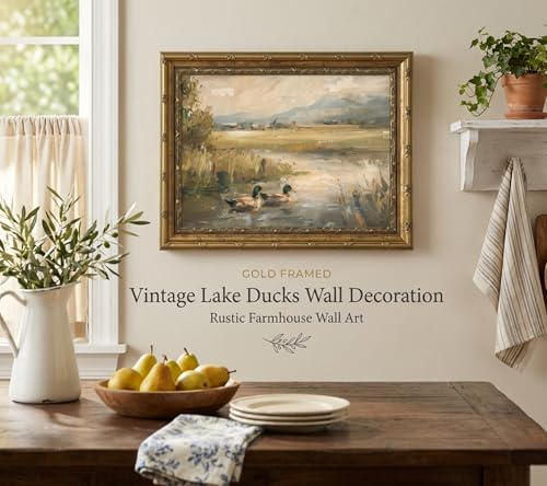 Gold Framed Vintage Ducks Canvas Wall Art, Country Pond Landscape Painting Picture Wall Decor, Farmhouse Wild Animals Poster Print Artwork for Living Room, Bedroom, Kitchen, Home Decoration 16x24in - color: Country Framed, size: 24"L x 16"W