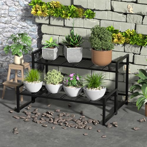Garden 4 you 2 Tier Metal Stackable Plant Stand, Flower Pot Holder - color: Black, size: 27.5"L x 9.6"W x 16"H