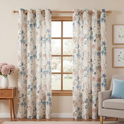 MYSKY HOME Living Room Linen Curtains 90 inch Floral Pattern Light Filtering Privacy Protect Drapes for Window Decoration Rustic Vintage Style for Family Room, 52" Wide, Brown, 2 Pcs - color: A-brown, size: 52"W x 90"L (Pack of 2)