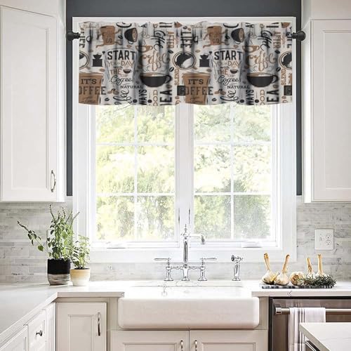 Coffee Valance Curtains, Fun Running Cup Coffee Beans Beige Retro Window Treatment Valance for Kitchen Dinning Room Living Room Cafe, 54x18 Inch - color: Coffee-1, size: 53"W x 18"L (Pack of 1)