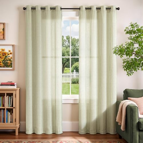 Vangao Linen Striped Curtains for Living Room Bedroom Farmhouse - color: Boxter Striped| Green on Beige, size: 50"W x 84"L (Pack of 2)