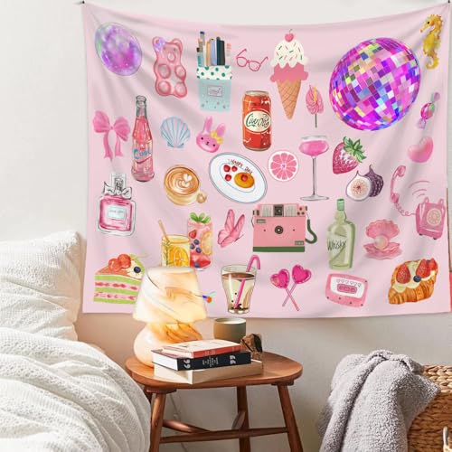 Jhdstore Pink Coquette Tapestry Wall Hanging Aesthetic Cute Y2K Tapestry for Bedroom Decor Elegant Vintage Girls Room Decor Wall Art Posters for Bedroom Living Room Dorm Decor 48x36 Inches - color: Aesthetic Pink, size: 48"L x 36"W