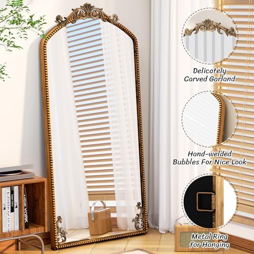 Gold Arched Full Length Mirror 76"×34", Large Traditional Vintage Baroque Inspired Floor Mirror, Ornate Antiqued Bronze Mirror for Wall, Living Room/Bedroom/Hallway/Home Decor - color: Retro Gold, size: 76"L x 34"W