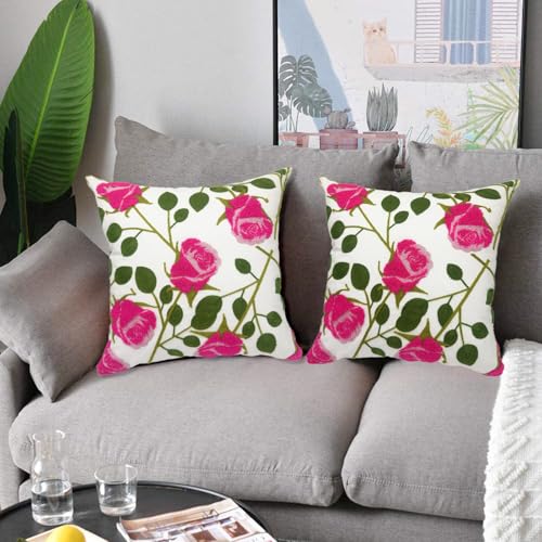 Alysheer Floral Embroidered Farmhouse Decorative Throw Pillow Cover 18"x 18" Set of 2, Cottage Hot Pink Flowers Green Leaves Embroidery Pattern, Cotton Canvas Cushion Case for Sofa Couch Bedroom - color: Rose Pink, size: 18" x 18" (Pack of 2)