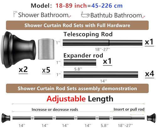 Black Tension Shower Curtain Rod – Adjustable 18-89 Inches, Fits 20-88 Inch Spaces, No Drill Rust Resistant Spring Rod for Bathroom, Kitchen, Bedroom, Balcony - color: Black, size: 18-89 inch