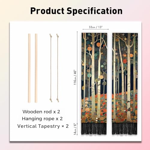 PLIGREAT 2 Pack Vintage Wall Hanging, Abstract Tree Tapestry with Tassels Oil Painting Forest Long Narrow Wall Tapestry for Bedroom Living Room Home Vertical Art Decor, 52" x 13" - color: green,orange