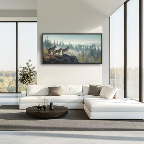Framed Large Pictures Wall Art for Living Room, Forest Wolves Oversized Wall Decor Wolf Animal Canvas Print Painting Extra Large Framed Artwork for Bedroom Office 60"x30" - color: Foggy Forest Wolves, size: 60"L x 30"W