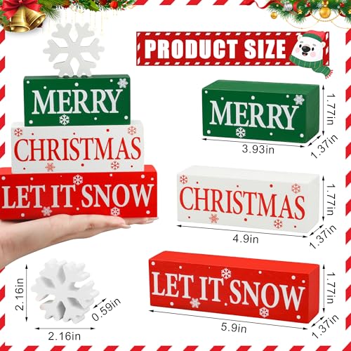 4 Pcs Merry Christmas Wooden Tabletop Decor Let It Snow Table Centerpiece Snowflake Table Sign Xmas Tiered Tray Decor Red Green Wood Block for Xmas Holiday Home Office Kitchen Desk Shelf Decors