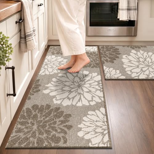 Findosom Kitchen Rugs Sets of 2, Floral Washable Kitchen Runner Rug, Brown - color: Brown, size: 24" x 36" + 24" x 60"