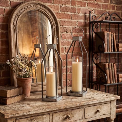 Gerrii 2 Pcs 15"&16.5" Farmhouse Rustic Lanterns Decorative with LED Candle Set Galvanized Metal, Handcrafted Candle Holders, Outdoor Indoor Porch Fireplace Mantel Table Festive Gatherings Decor