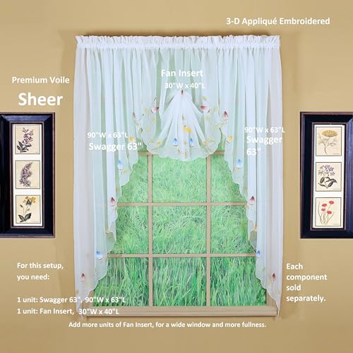 Today's Curtain,Vineyard 3-D Appliqué,Fan Insert, White, 30" W x 40" L - color: White, size: 30"W x 40"L (Pack of 1)