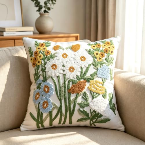 Green Daisy Floral Embroidered Spring Throw Pillow Cover 18"x18" Set of 2 - color: Floral Green