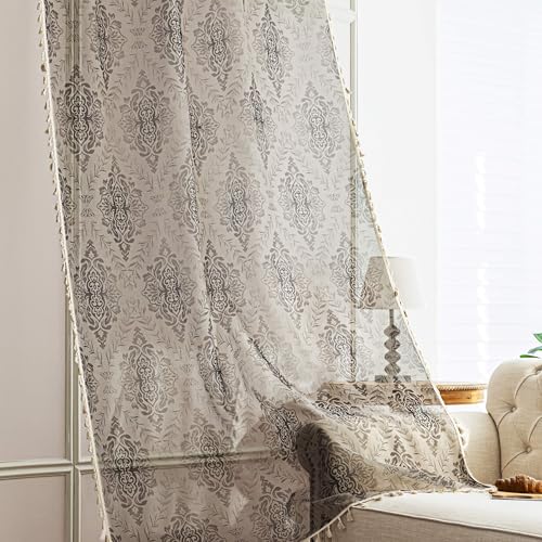 Khaki Geometric Sheer Curtains 63 inch Long, Fringed Edges and Textured Semi Sheer Curtains Large Window Treatments for Living Room/Bedroom, 2 Panels - color: Khaki Geometry, size: 52"W x 63"L (Pack of 2)
