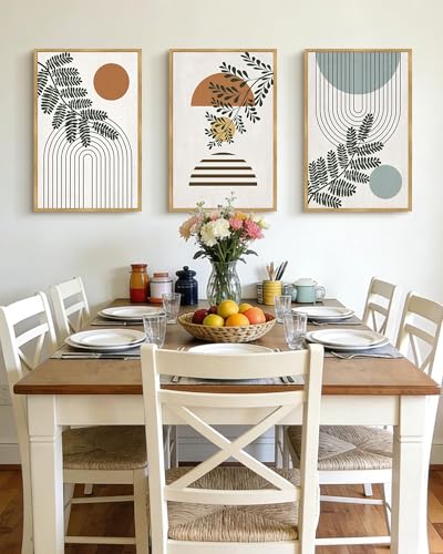 Drsoum Large 16x24in Botanical Boho Wall Art Framed Modern Plant Leaf Bohemian Wall Decor Abstract Geometry Lines Prints Ready to Hang Natural Framed - color: Beige Bohemain, size: 16" x24" x3pcs, Natural Framed