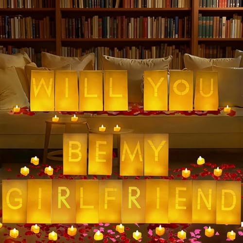Will You Be My Girlfriend Decorations – Valentine’s Day Surprise Set with Light Up Letters, 30 Tea Light Candles, 2000 Rose Petals, 10 Balloons – Luminary Bags for Romantic Setup - style: Will You Be My Girlfriend
