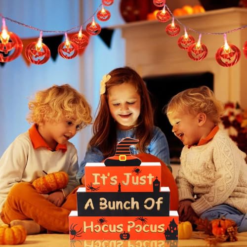 Halloween Wooden Block Sign with Led Lights Letters,Halloween Decorations Indoor,Halloween table decor,Battery Operated Halloween Party Decorations for Mantels, Tiered Trays, Shelves