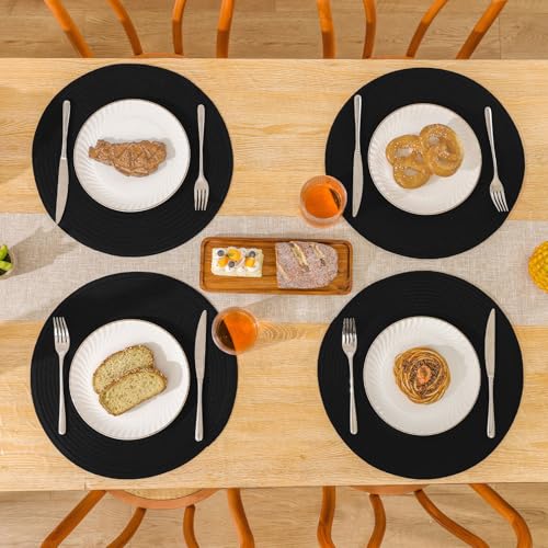 SHACOS Black Round Placemats Set of 12 Heavy Cotton Polyester Woven Braided Place Mats Washable Heat Resistant Non Slip Table Mats - color: Black, size: Set of 12