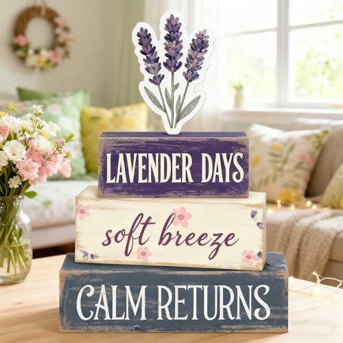 Spring Decoration For Home Wooden Lavender Tiered Tray Decor Rustic Spring Block Sign with Lavender Farmhouse Tabletop Spring Decor Centerpiece for Tables Seasonal Home Easter Decor - style: Lavender
