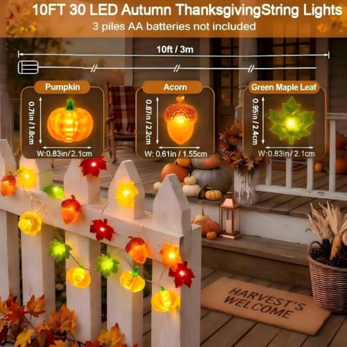 3D Pumpkin, Acorn & Maple Leaf LED String Lights 10FT 30 LED Battery Powered Warm White Fall Decor for Thanksgiving & Halloween - color: Maple