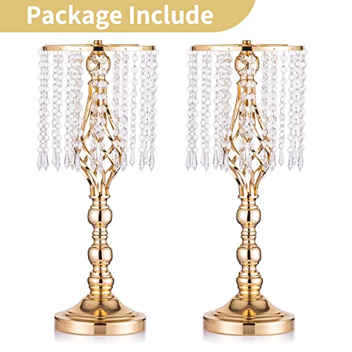 2 Pcs 19.3 inches Gold Tall Crystal Flower Stand and Holders Centerpiece Chandelier Metal Vase for Wedding Reception Tables - color: Gold, size: Medium - 2 Pcs