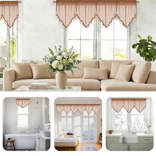WUBODTI Brown Beaded Sheer Valance Curtains for Kitchen 3PCs, Rod Pocket Boho Crystal Beads Tassel Lace Swag Curtains Farmhouse Sheer Window Valance for Living Room Bedroom Bathroom, Each W51 x L24 - color: Brown