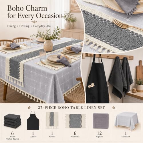 27 Pcs Grey Boho Table Linen Set for 6 with Tablecloth & Placemats - color: Grey
