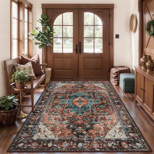 Ciicool 5x7 Area Rug for Living Room Washable Large Soft Non-Slip Bedroom - color: Brick Red/Dull Teal, size: 5' x 7' (Rectangular)