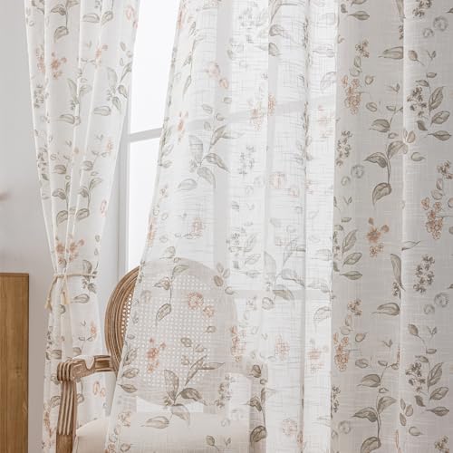 SUOUO Floral Semi Sheer Curtains Linen Textured 84 inches 2 Panels - color: Coffee-l, size: 52"W x 84"L (Pack of 2)